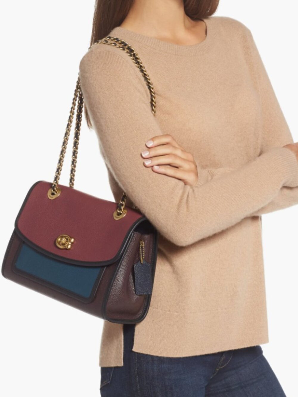 NWT COACH Peacock Colorblock Multi Parker Leather Shoulder Bag w. Chain Strap - Picture 2 of 13